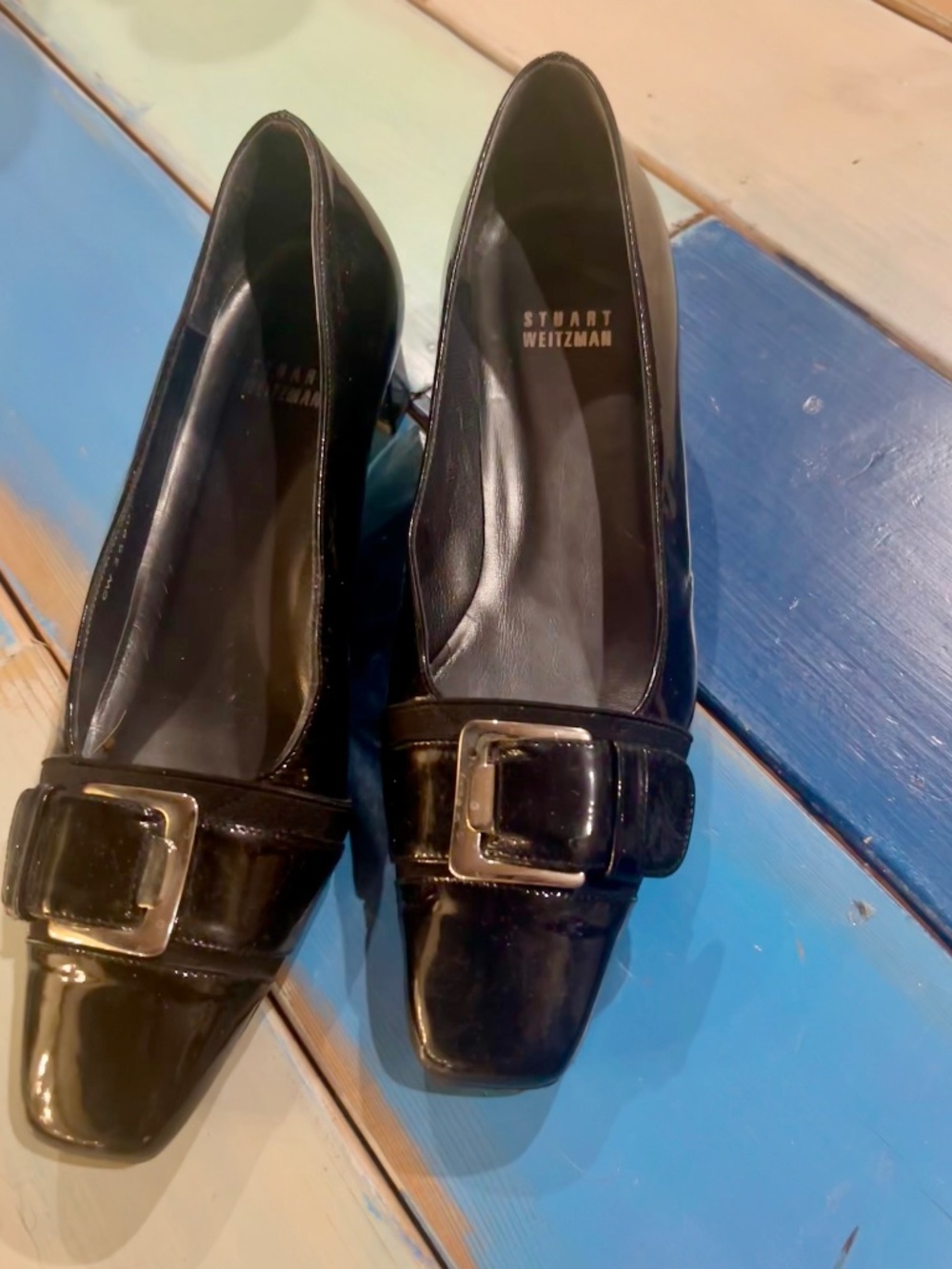 Stuart Weitzman Black Patent Buckle Square Toe Pumps 7.5